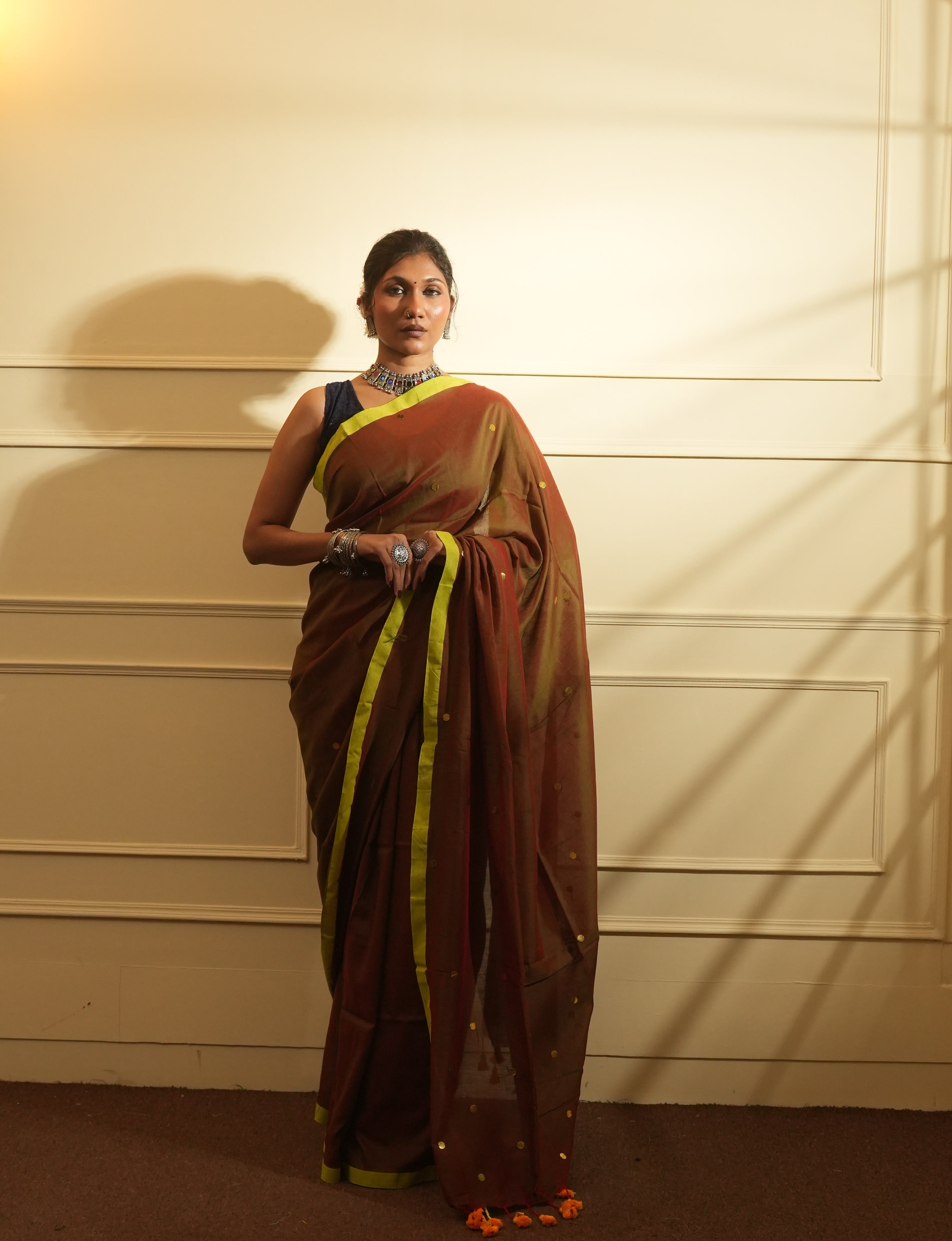 RangDhaaga Brown with Dual Tone Neon Border Sequence Cotton Saree - By Shreya